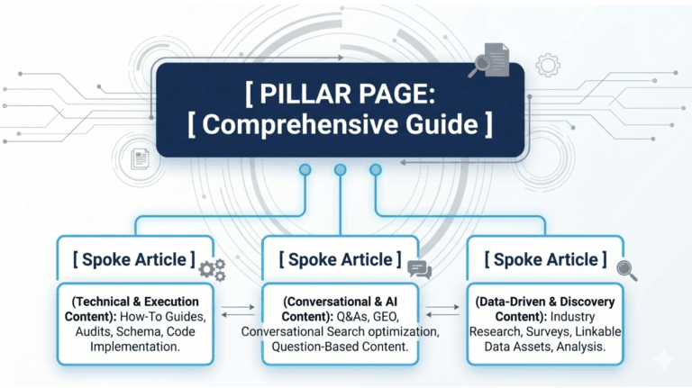 Diagram illustrating a content hub strategy, showing a central "[ PILLAR PAGE: Comprehensive Guide ]" connected to three supporting "[ Spoke Article ]" categories: Technical & Execution Content, Conversational & AI Content, and Data-Driven & Discovery Content