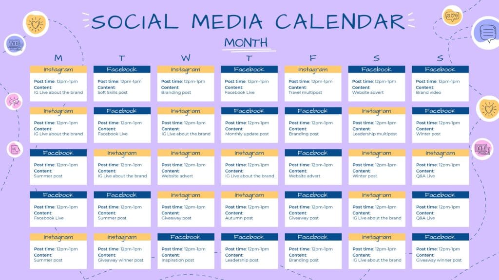Monthly social media calendar template illustrating scheduled posts for Instagram and Facebook