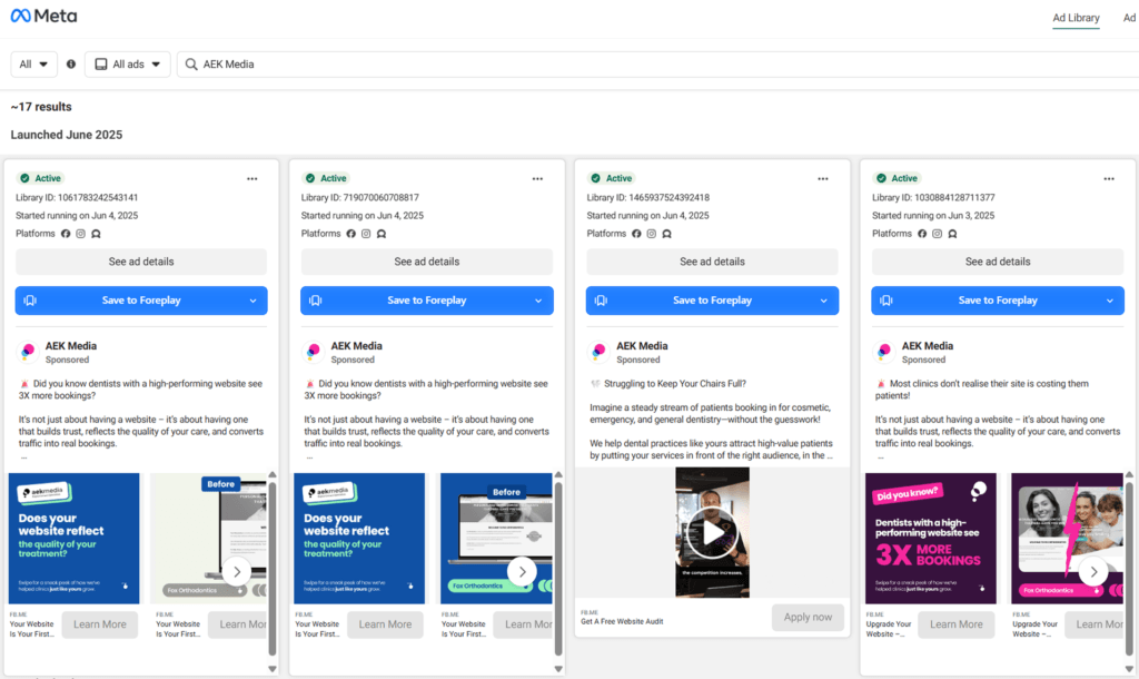Screenshot of Meta Ad Library search results for "AEK Media" showing active ads launched in June 2025 targeting dental practices.