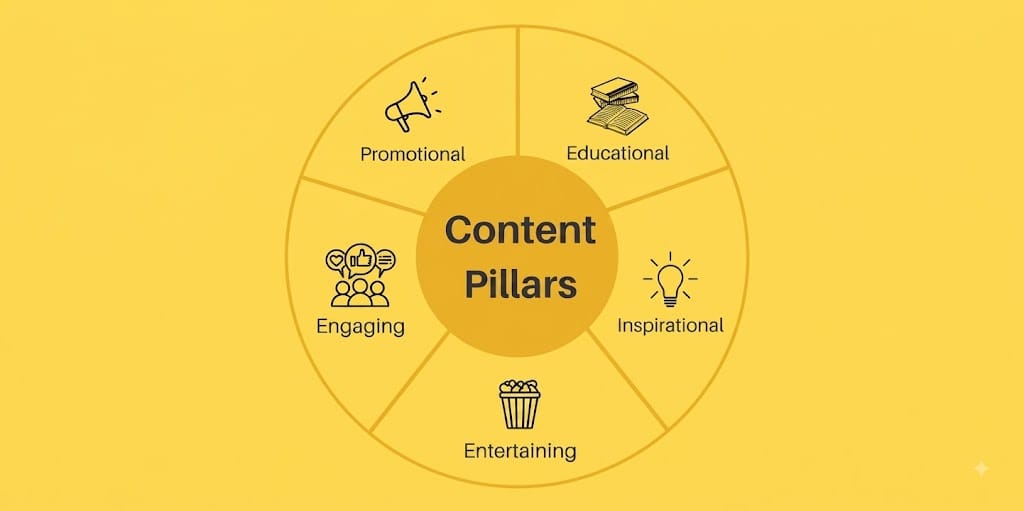 Yellow circular diagram showing five social media content pillars: Educational, Inspirational, Entertaining, Engaging, and Promotional.
