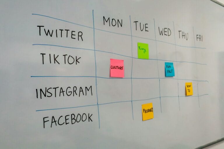 Short & Punchy (Best for standard SEO/accessibility): "Social media content calendar drawn on a whiteboard with sticky notes for Twitter, TikTok, Instagram, and Facebook