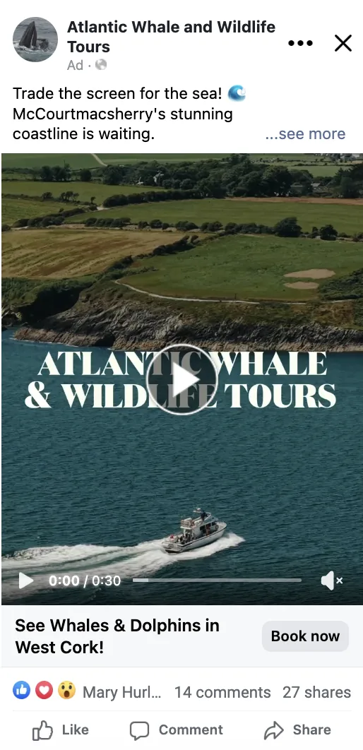 Facebook ad from Atlantic Whale and Wildlife Tours, "Trade the screen for the sea", showing an aerial view of a tour boat off the West Cork coastline