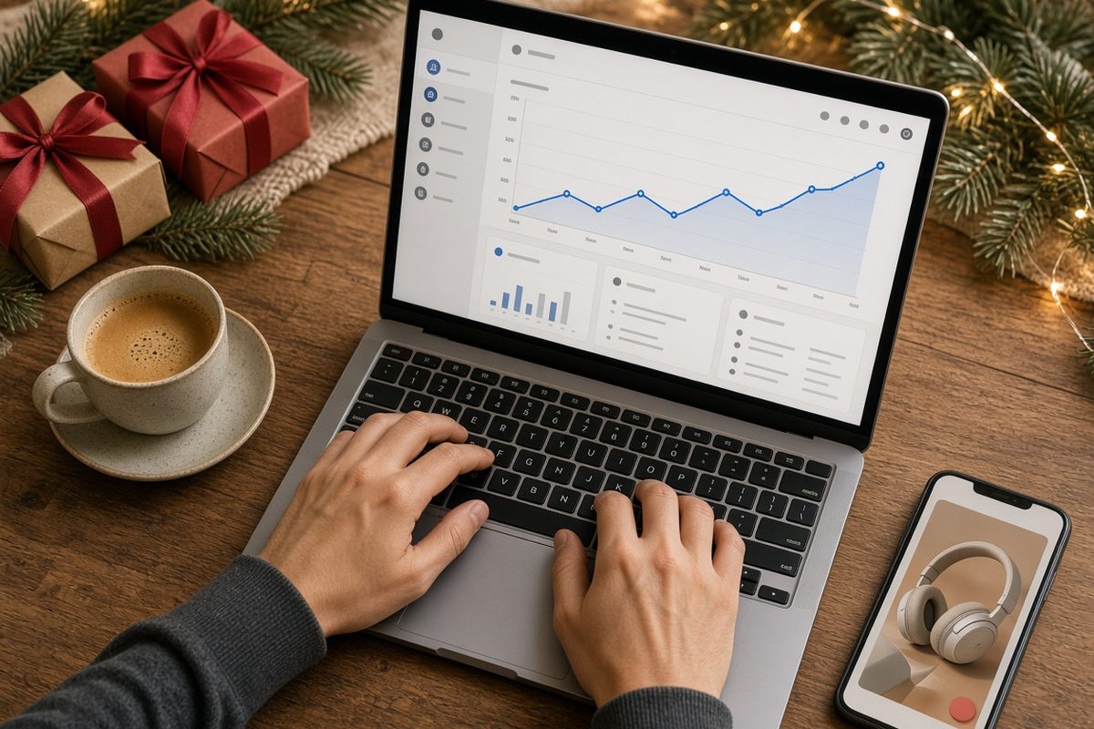 Laptop with a sales dashboard on a desk with Christmas gifts and lights