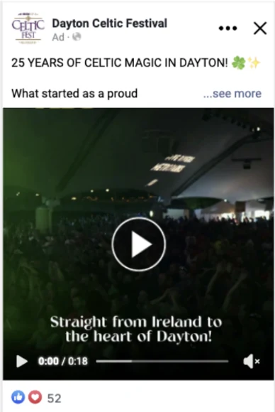 Dayton Celtic Festival Facebook video ad, "25 Years of Celtic Magic in Dayton!"