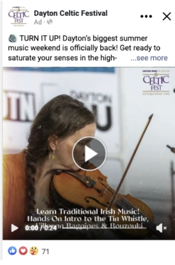 Dayton Celtic Festival Facebook video ad, "Turn It Up", showing a fiddle player performing