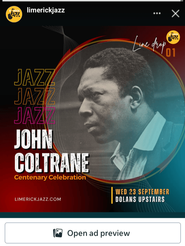 Limerick Jazz Festival Meta ad for John Coltrane Centenary Celebration
