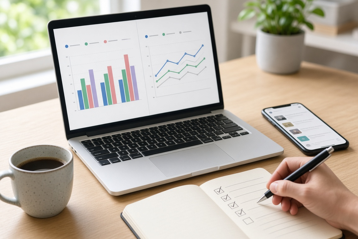 Laptop with comparison charts, phone with a social feed and a checklist on a desk